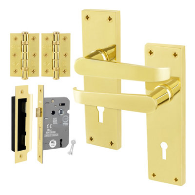Afit Brass Lock Door Handles Set1 Pair Internal Victorian Straight Polished Brass On BackplateHingesSashlock 64mm from B&Q