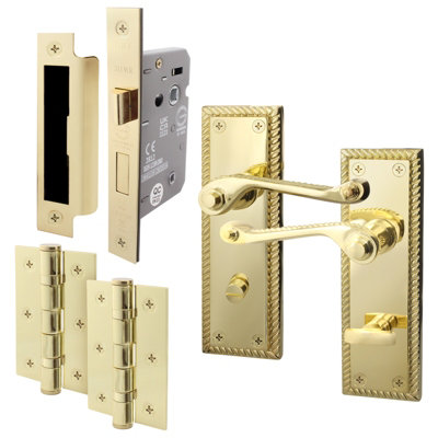 Afit Brass Georgian Bathroom Door Handle On Backplate Set For Internal Doors With 64mm Bathroom Lock And 76mm Hinges Polished from B&Q