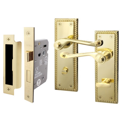 Afit Brass Georgian Bathroom Door Handle On Backplate Set For Internal Doors With 64mm Bathroom Lock Polished