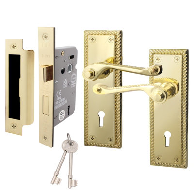 Afit Brass Georgian Locking Door Handle On Backplate Set For  Internal Doors With 64mm Sashlock Polished from B&Q