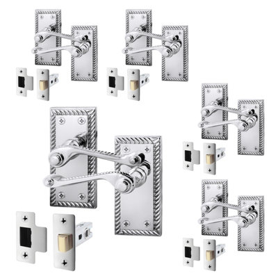 Afit Chrome Georgian Door Handle On Backplate Latch Set Rope Edge For Internal Doors  Pack Of 5 With 64mm Latch Polished from B&Q