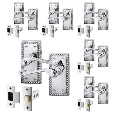 Afit Chrome Georgian Door Handle On Backplate Latch Set Rope Edge For Internal Doors  Pack Of 6 With 64mm Latch Polished from B&Q