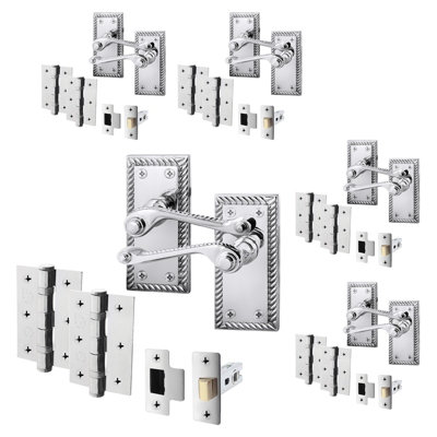 Afit Chrome Georgian Door Handle On Backplate Latch Set Rope Edge Internal  Pack Of 5 With 64mm Latch And 76mm Hinges Polished from B&Q