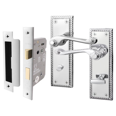 Afit Chrome Georgian Bathroom Door Handle On Backplate Set For Internal Doors With 64mm Bathroom Lock Polished