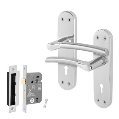 Afit Chrome Door Handle With Satin Nickel Feature Lock Set Internal Doors With Lock Boston Backplate Range from B&Q