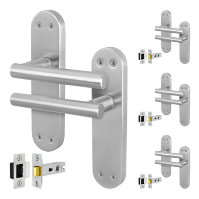 Afit Satin Door Handles  With Latch T-Bar 4 Pair Olvera Backplate Range from B&Q