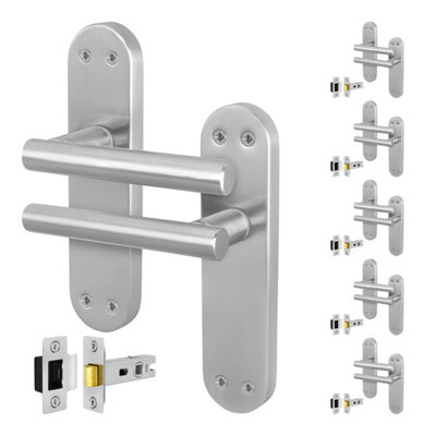 Afit Satin Door Handles  With Latch T-Bar 6 Pair Olvera Backplate Range from B&Q