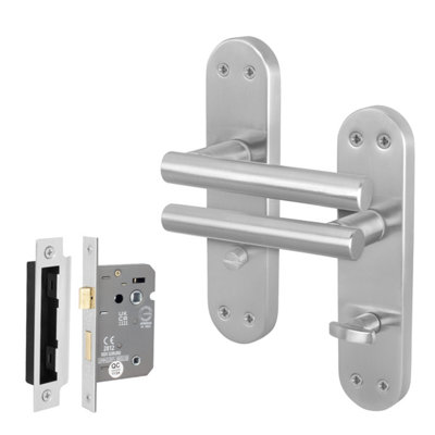 Afit Satin Bathroom Door Handles With Wc Lock T-Bar 1 Pair Olvera Backplate Range from B&Q
