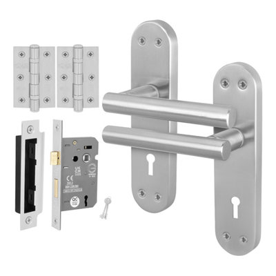 Afit Satin Lock Door Handles With Sashlock And Hinges T-Bar 1 Pair Olvera Backplate Range from B&Q