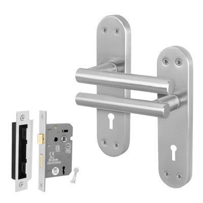 Afit Satin Lock Door Handles With Sashlock T-Bar 1 Pair Olvera Backplate Range from B&Q