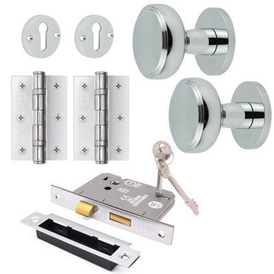 Afit Chrome Locking Door Knob Set 60mm Knobset 80mm Sashlock  Keyhole Escutcheons 76mm Hinges Medena Premium Range Polished from B&Q
