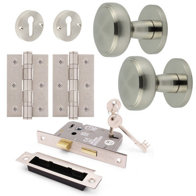 Afit Nickel Locking Door Knob Set 60mm Knobset 80mm Sashlock  Keyhole Escutcheons 76mm Hinges Medena Premium Range Satin Nickel from B&Q
