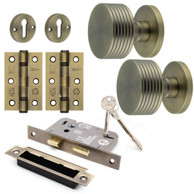 Afit Brass Locking Door Knob Set 60mm Knobset 80mm Sashlock  Keyhole Escutcheons 76mm Hinges Tibet Premium Range Antique Brass from B&Q