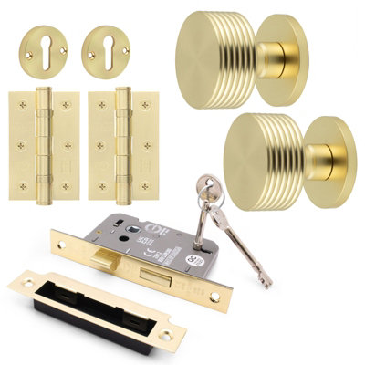 Afit Brass Locking Door Knob Set 60mm Knobset 80mm Sashlock  Keyhole Escutcheons 76mm Hinges Tibet Premium Style Range Satin Brass from B&Q