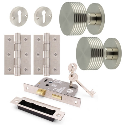 Afit Nickel Locking Door Knob Set 60mm Knobset 80mm Sashlock  Keyhole Escutcheons 76mm Hinges Tibet Premium Range Satin Nickel from B&Q