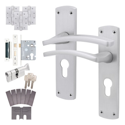 B&Q -  Satin Fire Door Handle Euro Lock And Thumbturn Cylinder SetInternal Fire Rated Door HandleLocksHingesEbley 1 Pack