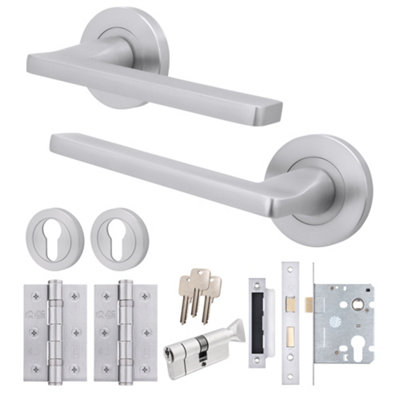 B&Q -  Satin Door Handle Euro Lock And Thumbturn Cylinder SetInternal Door Handle With LatchLocks And HingesEden 1 Pack