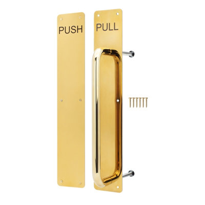 Afit Brass Pull Handle On Plate And Engraved Push Finger Plate  425 X 75mm Polished Brass from B&Q