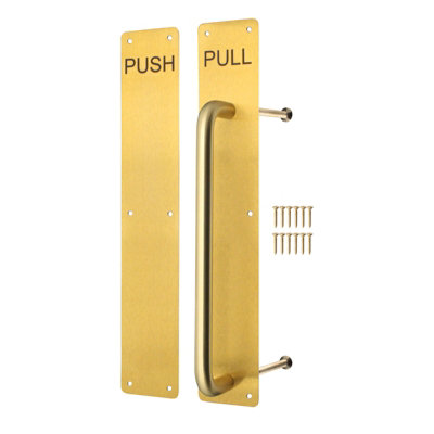 Afit Satin Brass Pull Handle On Plate And Engraved Push Finger Plate  425 X 75mm Satin Brass from B&Q