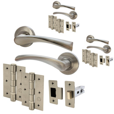 Afit Satin Nickel Internal Twist Door Handles With Latch And Hinges  3 Pairs  Novi Backplate Range from B&Q