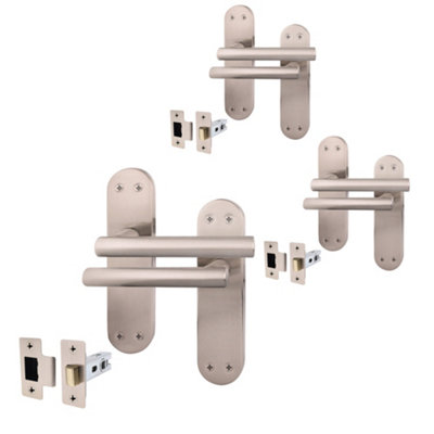 Afit Satin Door Handles  With Latch T-Bar 3 Pair Olvera Backplate Range from B&Q