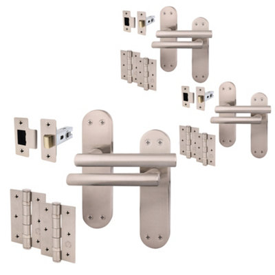 Afit Satin Door Handles  With Latch And Hinges T-Bar 3 Pair Olvera Backplate Range from B&Q