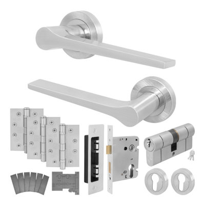 Afit Satin Nickel Fire Door Handle Euro Lock And Double Cylinder SetInternal Fire Rated Door Handle Locks HingesTempo from B&Q