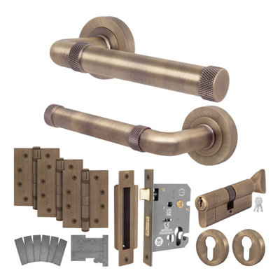 B&Q -  Antique Brass Fire Door Handle Euro Lock And Thumbturn Cylinder SetInternal Fire Rated Door HandleLocksHingesSinta