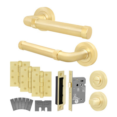 Afit Brass Fire Door Handle Bathroom SetSatin Brass Internal Fire Rated Door Handle 80mm Bathroom Lock 102mm HingesSinta from B&Q