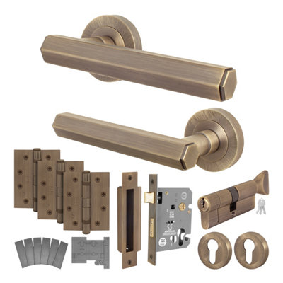 B&Q -  Antique Brass Fire Door Handle Euro Lock And Thumbturn Cylinder SetInternal Fire Rated Door HandleLocksHingesMonet