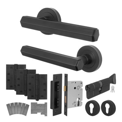Afit Black Fire Door Handle Euro Lock And Thumbturn Cylinder Set Internal Fire Rated Door Handle Locks HingesMonet from B&Q
