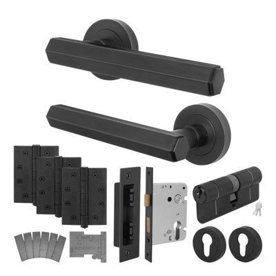 Afit Black Fire Door Handle Euro Lock And Double Cylinder SetMatt Black Internal Fire Rated Door Handle Locks HingesMonet from B&Q