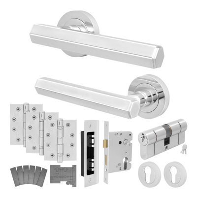Afit Chrome Fire Door Handle Euro Lock And Double Cylinder SetPolished Internal Fire Rated Door Handle Locks Hinges Monet 1 Pack from B&Q