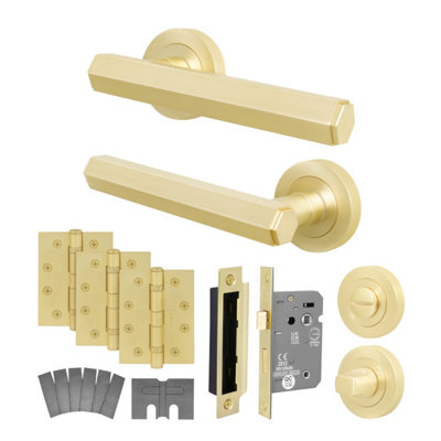 Afit Brass Fire Door Handle Bathroom SetSatin Brass Internal Fire Rated Door Handle With 80mm Bathroom Lock 102mm HingesMonet from B&Q