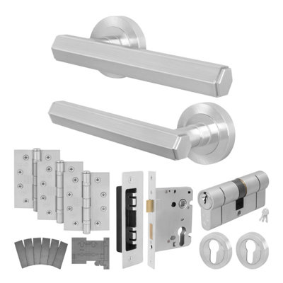 Afit Satin Nickel Fire Door Handle Euro Lock And Double Cylinder SetInternal Fire Rated Door Handle Locks Hinges Monet 1 Pack from B&Q