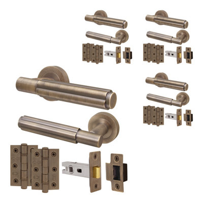 Afit Antique Brass Door Handle Latch SetInternal Door Handle With 64mm Latch And 76mm HingesFleur 4 Pack from B&Q