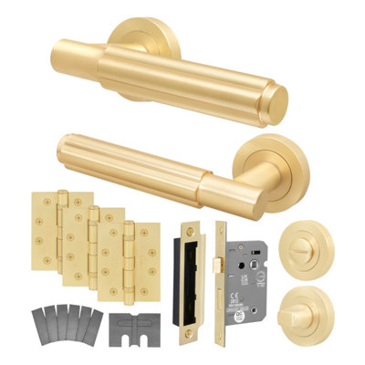 Afit Brass Fire Door Handle Bathroom SetSatin Brass Internal Fire Rated Door Handle 80mm Bathroom Lock 102mm HingesFleur from B&Q