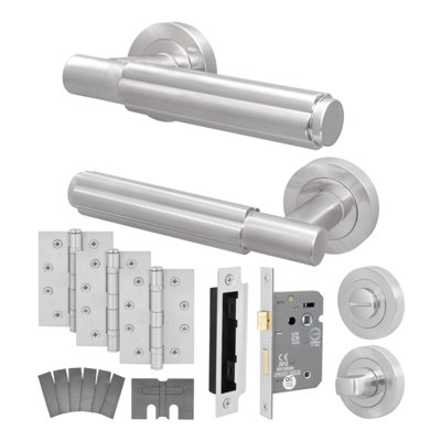 Afit Satin Fire Door Handle Bathroom SetSatin Nickel Internal Fire Rated Door Handle 80mm Bathroom Lock 102mm HingesFleur from B&Q