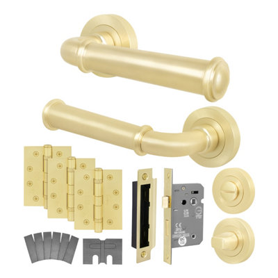 Afit Brass Fire Door Handle Bathroom SetSatin Brass Internal Fire Rated Door Handle 80mm Bathroom Lock 102mm HingesCallo from B&Q