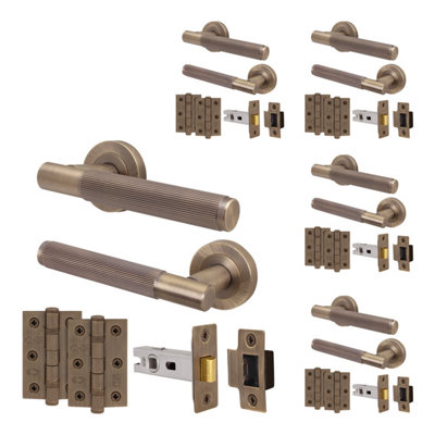 Afit Antique Brass Door Handle Latch SetInternal Door Handle With 64mm Latch And 76mm HingesLinea 5 Pack from B&Q
