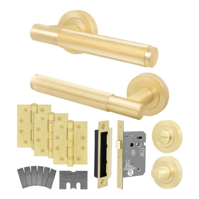 Afit Brass Fire Door Handle Bathroom SetSatin Brass Internal Fire Rated Door Handle 80mm Bathroom Lock 102mm HingesLinea from B&Q