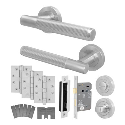Afit Satin Fire Door Handle Bathroom SetSatin Nickel Internal Fire Rated Door Handle 80mm Bathroom Lock 102mm HingesLinea from B&Q