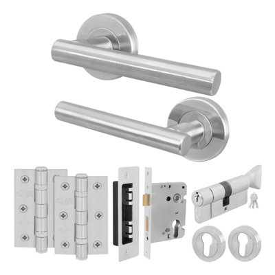 Afit Satin Door Handle Round Rose With Thumbturn CylinderHinges1 Pair Internal Lever Satin Nickel HandlesOlvera from B&Q
