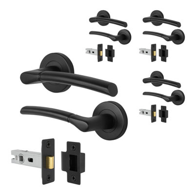 Afit Black Door Handles Round Rose With Latch4 Pairs Of Internal Lever HandlesLatch (64mm)Boston Range from B&Q