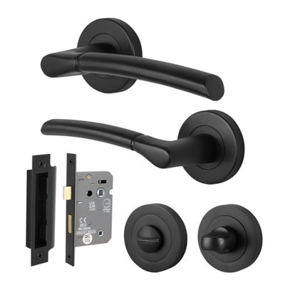 Afit Black Bathroom Door Handle Round Rose Set1 Pair Of Internal Lever Matt Handles And Lock (64mm)Boston Range from B&Q