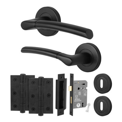 Afit Black Lock Door Handle Round Rose Set1 Pair Internal Lever Matt HandlesLock (64mm)HingesBoston Range from B&Q
