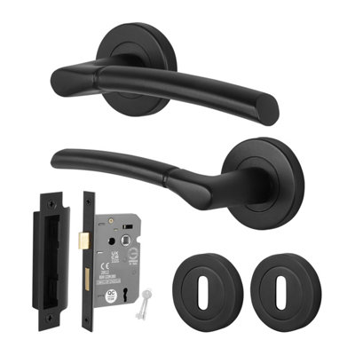 Afit Black Lock Door Handle Round Rose Set1 Pair Of Internal Lever Matt Handles And Lock (64mm)Boston Range from B&Q