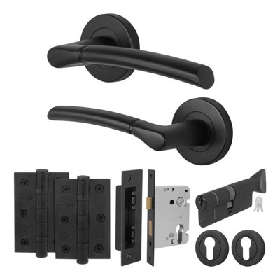 Afit Black Door Handle Round Rose With Thumbturn CylinderHinges1 Pair Internal Lever Matt Black HandlesBoston Range from B&Q