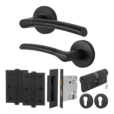 Afit Black Door Handle Round Rose With Double CylinderHinges1 Pair Of Internal Lever Matt HandlesBoston Range from B&Q