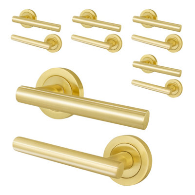 Afit Satin Brass Door Handles Round Rose T-Bar 5 PairsOlvera Range from B&Q